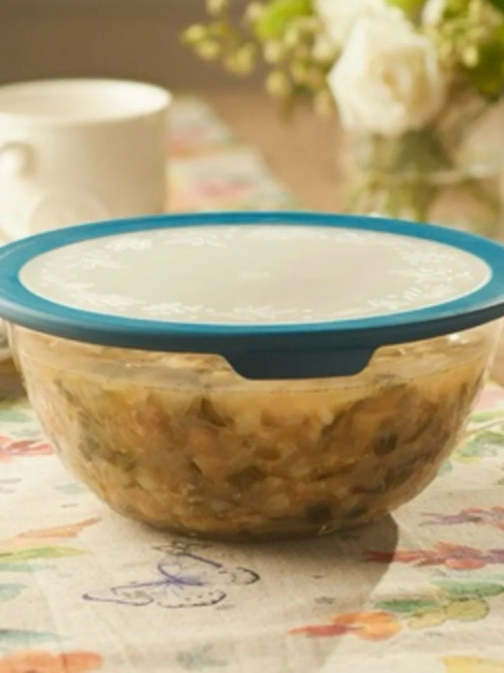 Princess House Clear Glass Food Storage Bowl with Blue Lid